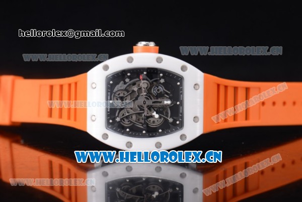 Richard Mille RM 055 Miyota 9015 Automatic Steel Case with Skeleton Dial Dot Markers White Ceramic Bezel and Orange Rubber Strap - Click Image to Close